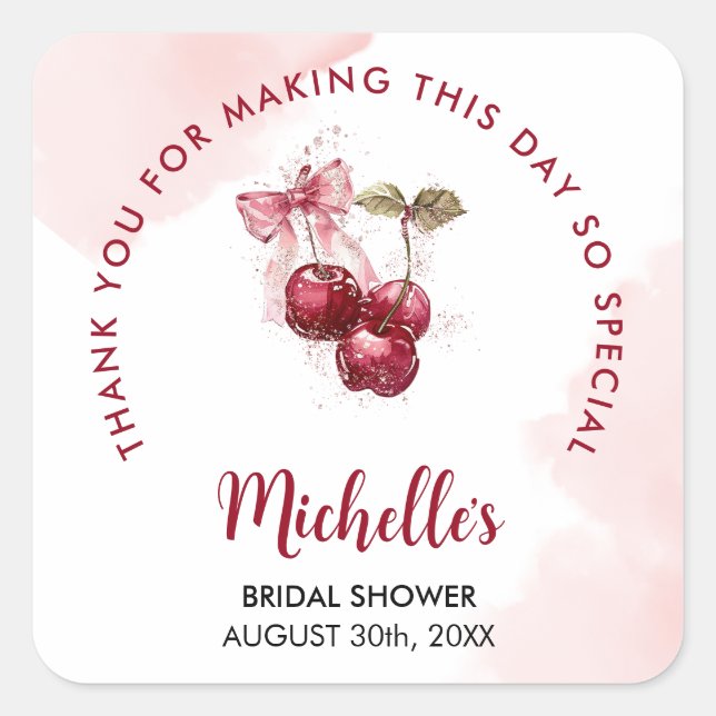 Sticker Carré Cerise sur le Gâteau Merci Fête de Mariage d'Été (Devant)