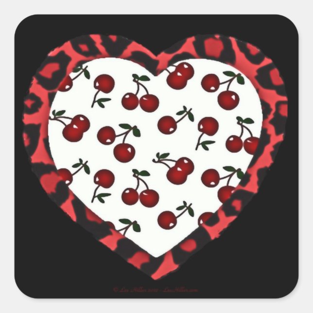 Sticker Carré Cerises RAB Empreinte de léopard Heart Rockabilly (Devant)