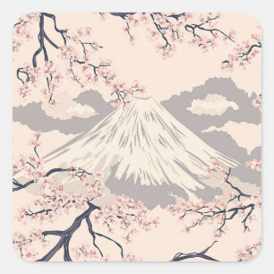 Sticker Carré Cerisier Rose Pâle Motif Scénique du Mont Fuji