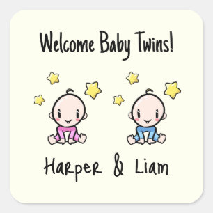 Sticker Carré C'est Twins!, Pink & Blue Personnalisé Twin Babies