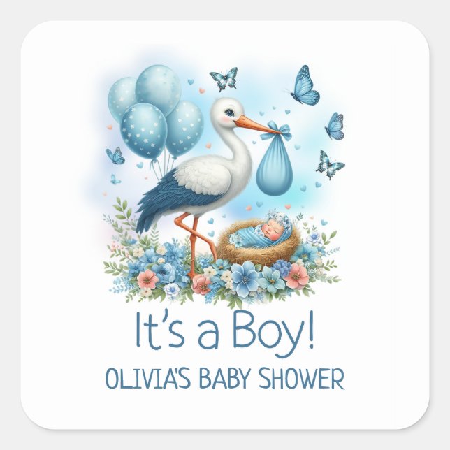 Sticker Carré C'est un Baby shower de cigogne bleu garçon (Devant)