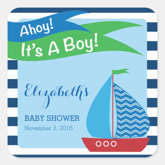 Sticker Carré C'est Un garçon, Baby shower bleu nautique (Devant)