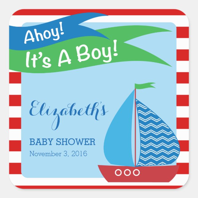 Sticker Carré C'est Un garçon, Baby shower Nautique Rouge (Devant)