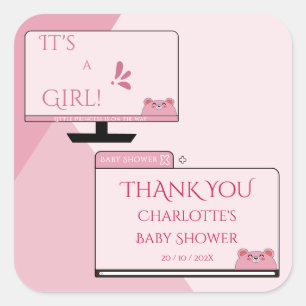 Sticker Carré C'est une fille ! Ours mignon sur écran d'ordinate