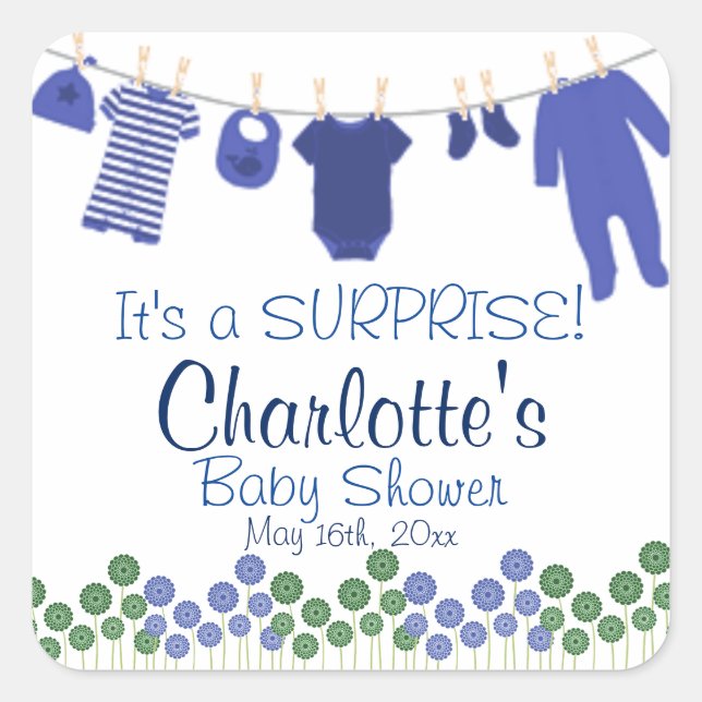 Sticker Carré C'est une SURPRISE ! Baby shower de linge de bébé (Devant)