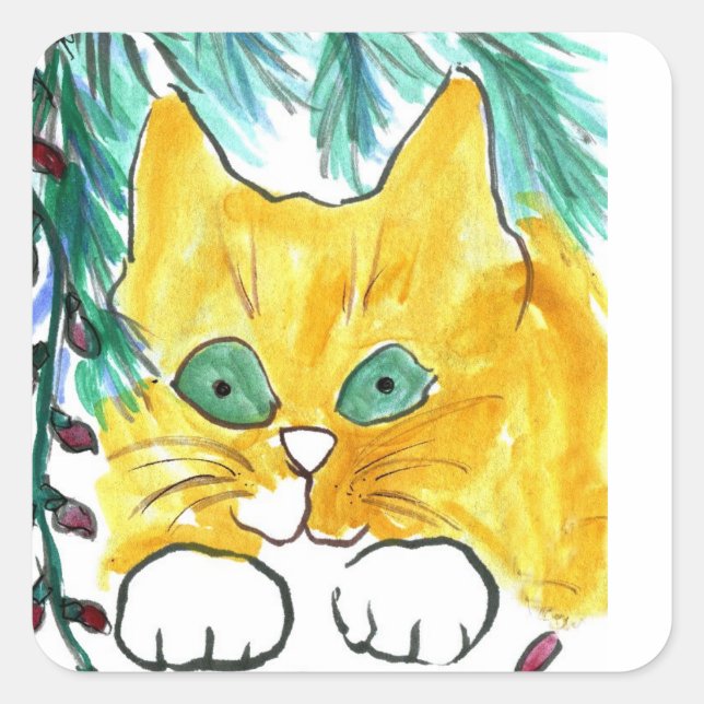 Sticker Carré Chaîne de lumière de Noël et chat (Devant)