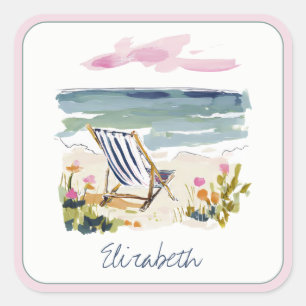 Sticker Carré Chaise de plage à l'aquarelle personnalisée