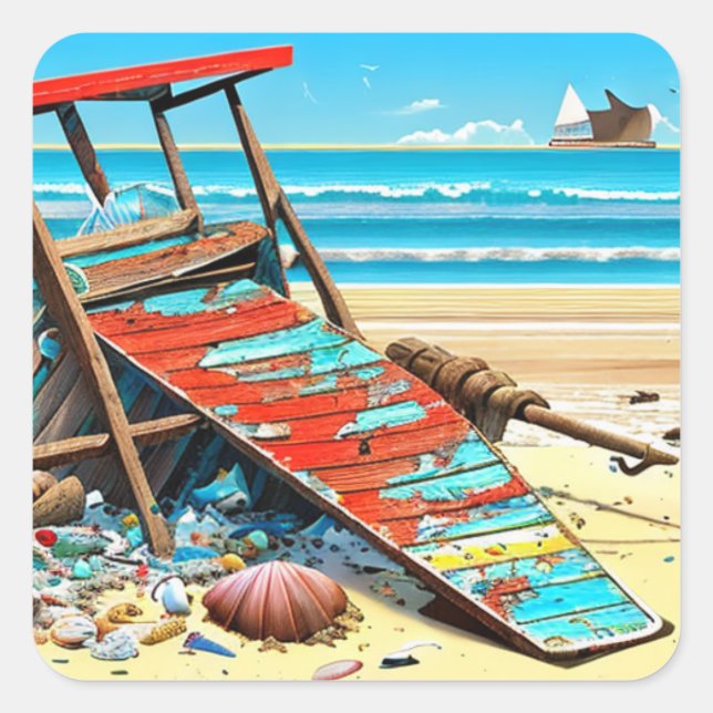 Sticker Carré Chaise de protection de plage abandonnée personnal (Devant)