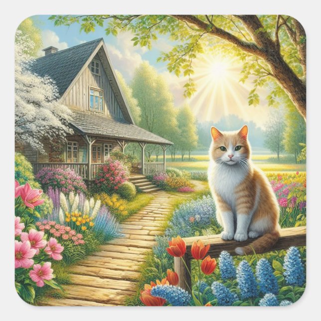 Sticker Carré Chalet de printemps/jardin & chat (Devant)