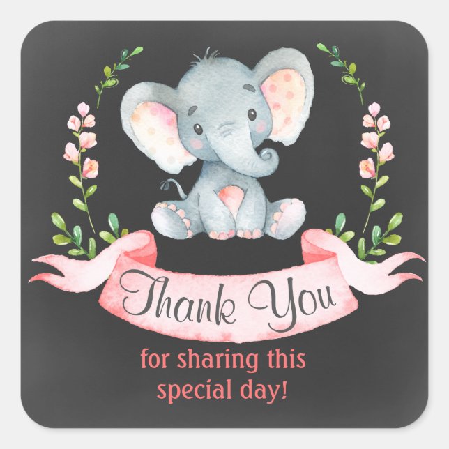 Sticker Carré Chalkboard Aquarelle Elephant Girl Merci (Devant)