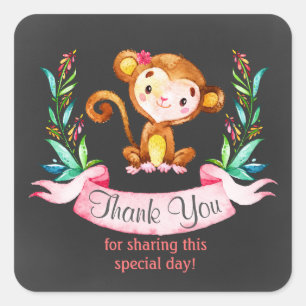 Sticker Carré Chalkboard Aquarelle Singe Fille Merci