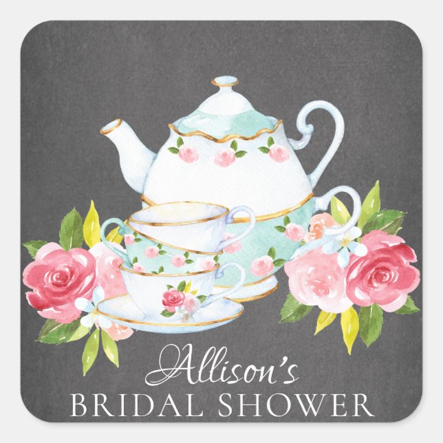 Sticker Carré Chalkboard Floral Bridal Tea Party Enveloppe Sceau (Devant)