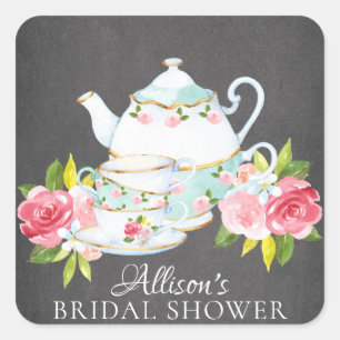 Sticker Carré Chalkboard Floral Bridal Tea Party Enveloppe Sceau