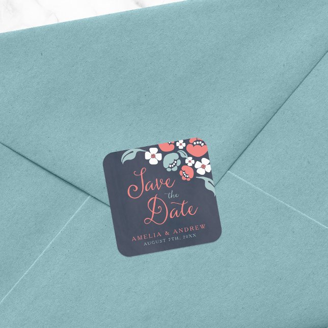 Sticker Carré Chalkboard Floral Enregistrer la date (Créateur téléchargé)