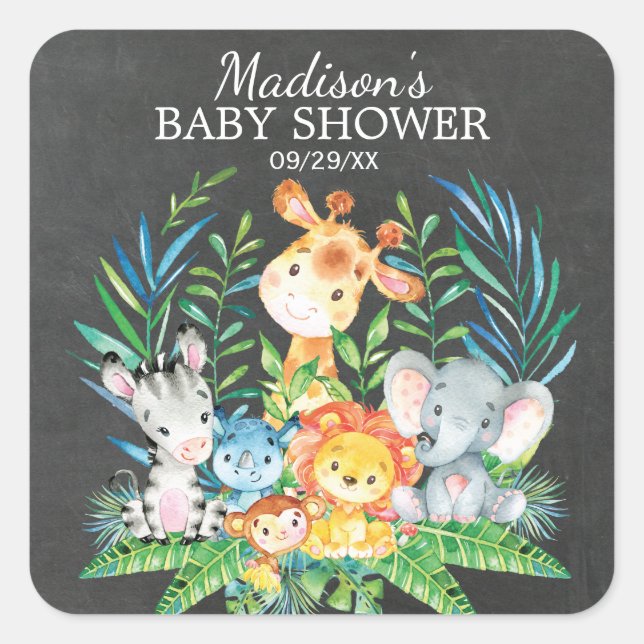 Sticker Carré Chalkboard Jungle Baby shower animal Favoriser Sti (Devant)