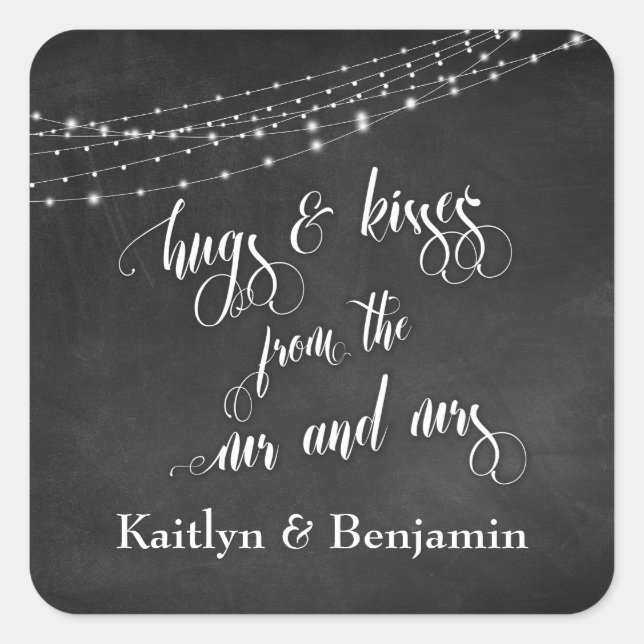Sticker Carré Chalkboard Lights Hugs & Kisses de M. et Mme. (Devant)