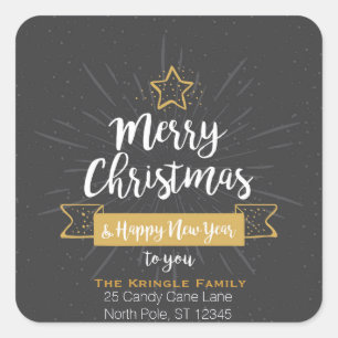 Sticker Carré Chalkboard Noël Bonne année Adresse familiale