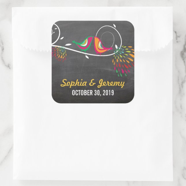 Sticker Carré Chalkboard Whimsical baiser Mariage des oiseaux d' (Sac)