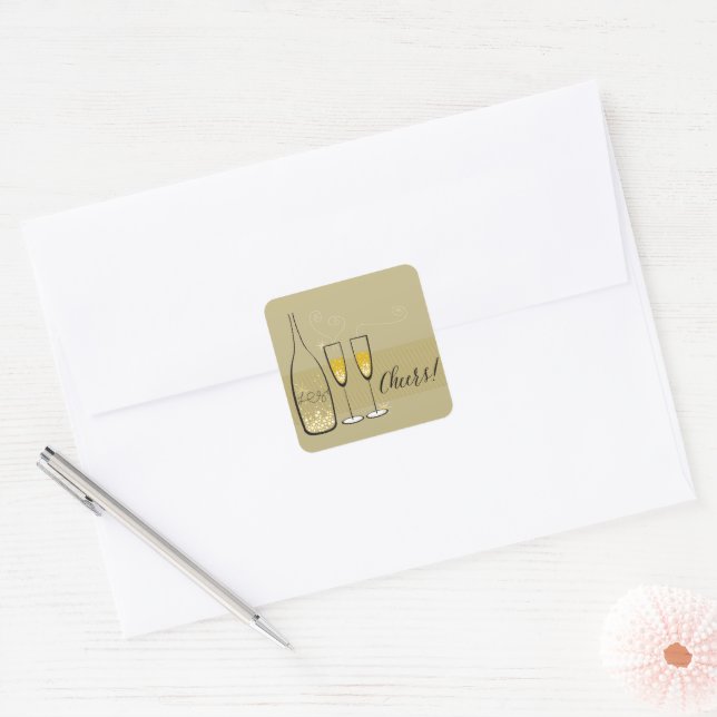 Sticker Carré Champagne Dorée Félicitations Bulles Élégant Chic  (Enveloppe)