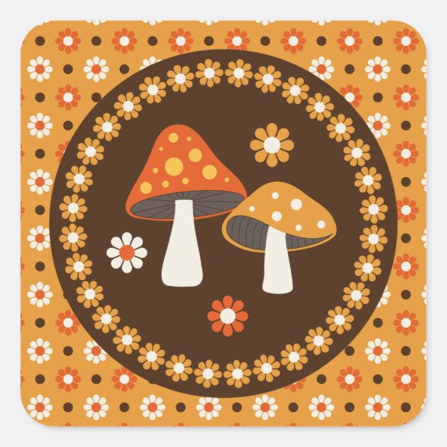 Sticker Carré Champignons et fleurs doux rétro (Devant)