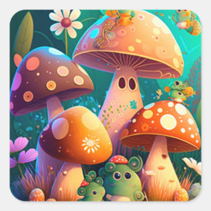 Sticker Carré Champignons mignons dans la forêt