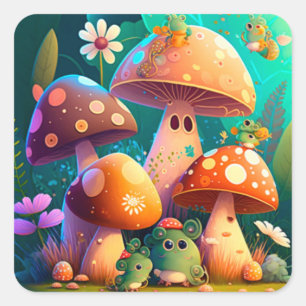 Sticker Carré Champignons mignons et fleurs buissons feuille de 