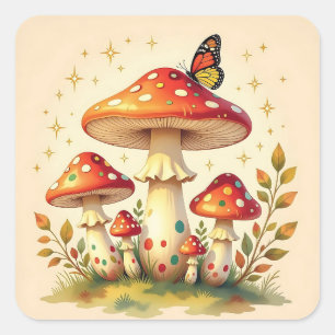 Sticker Carré Champignons Rétro et Papillon Couleurs Vintage