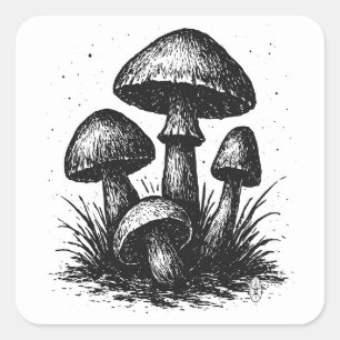 Sticker Carré Champignons Sauvages de la Forêt – Encre de Chine