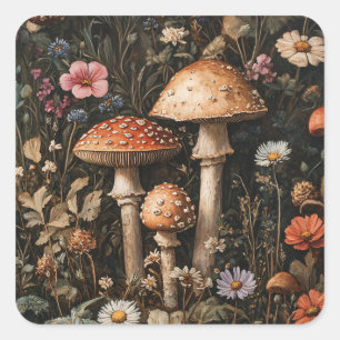 Sticker Carré Champignons Whimsical et Botanique Fleur sauvage