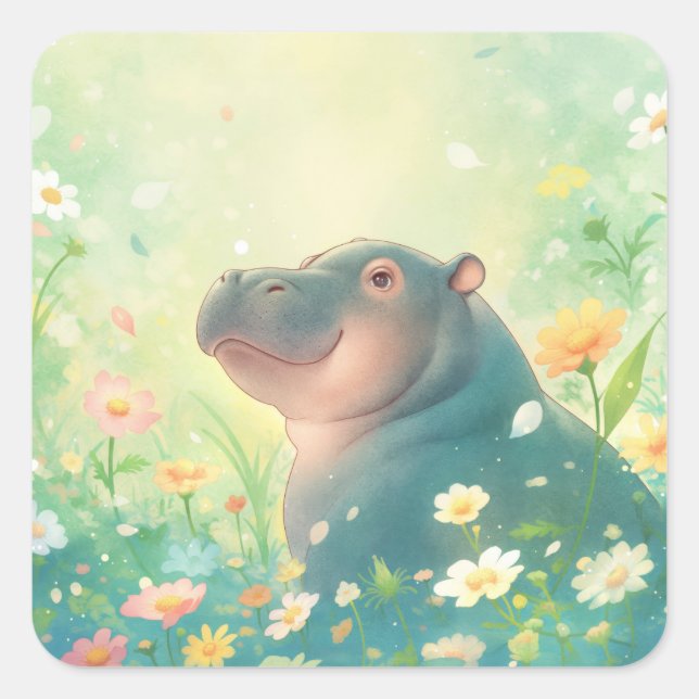 Sticker Carré Champs de Fleurs et Hippopotame Heureux (Devant)