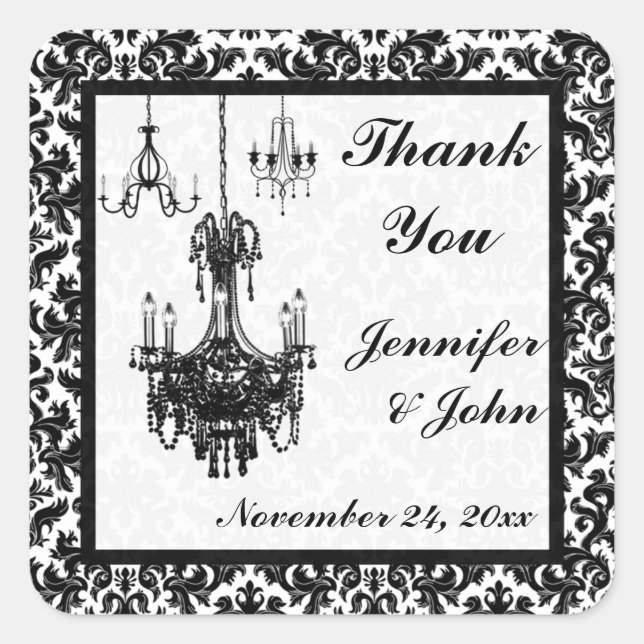 Sticker Carré Chandeliers Damas Noir et Blanc Mariage Faveur (Devant)