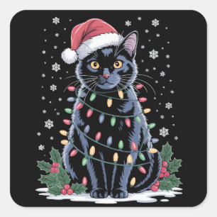 Sticker Carré Chapeau de Noël de Santa pour chat noir drôle de c