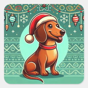 Sticker Carré 🎄 Chapeau de Noël de teckel Art de chien de vacan