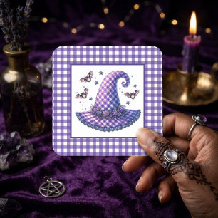Sticker Carré Chapeau de sorcière et chauves-souris en gingham v