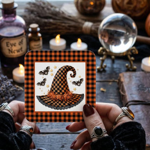 Sticker Carré Chapeau de sorcière et chauves-souris Halloween à 