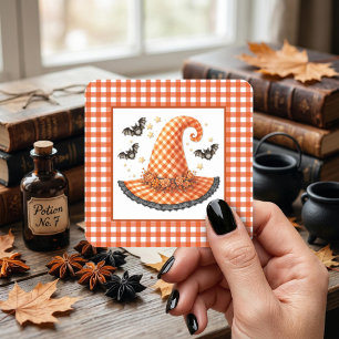 Sticker Carré Chapeau de sorcière Halloween et chauves-souris à