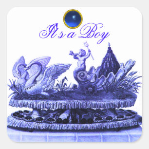 STICKER CARRÉ CHARIOT BLEU DE SWANS /CUPCAKES BABY SHOWER GARÇON