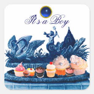 STICKER CARRÉ CHARIOT BLEU DE SWANS /CUPCAKES BABY SHOWER GARÇON