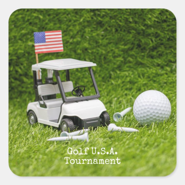 Sticker Carré Chariot de golf et boule avec drapeau de l'Amériqu (Devant)
