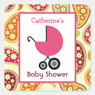 Sticker Carré Chariot et Paisley roses de baby shower