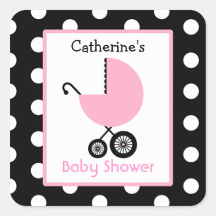 Sticker Carré Chariot et pois roses de baby shower