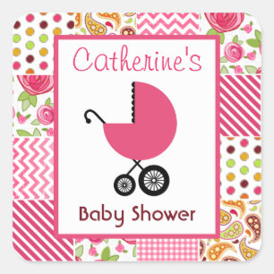 Sticker Carré Chariot rose de baby shower et patchwork Girly