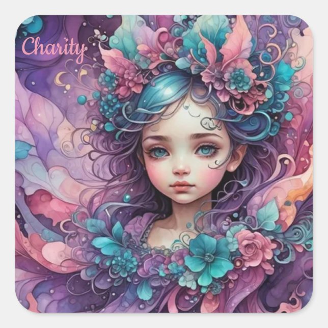 Sticker Carré CHARITÉ ~ WOW! Lavande bleue rose fée ~ (Devant)