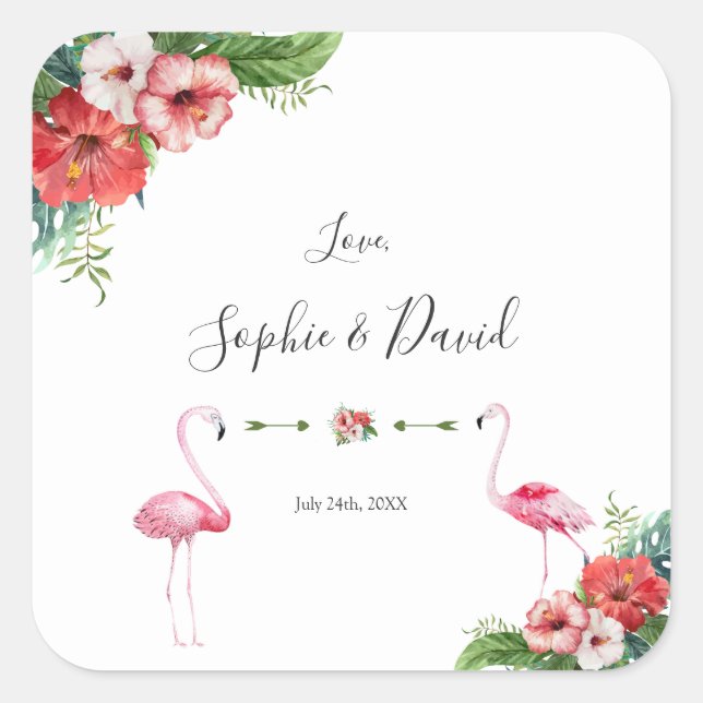 Sticker Carré Charm Luau Flamant rose Tropical Floral Mariage (Devant)
