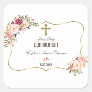 Sticker Carré Charm Or Blush rose Floral Sainte Communion