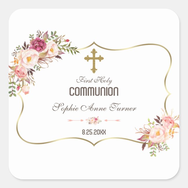 Sticker Carré Charm Or Blush rose Floral Sainte Communion (Devant)