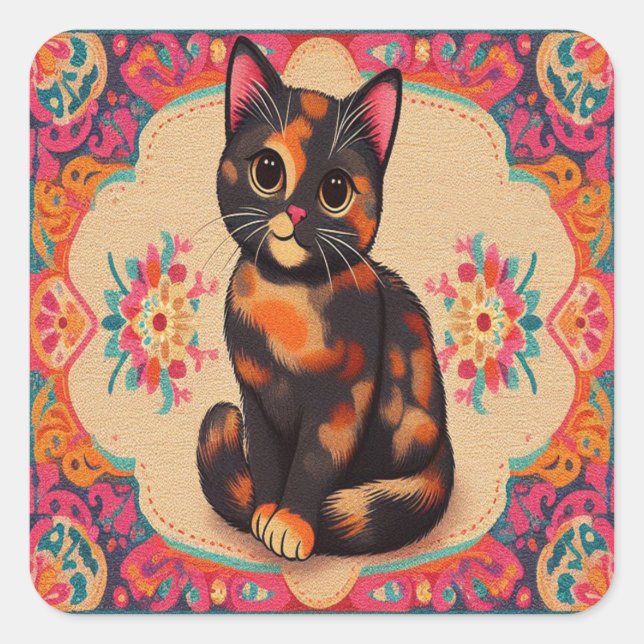Sticker Carré Charmant Cute Tortoiseshell Chat Vibrant frontière (Devant)