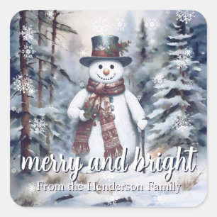 Sticker Carré Charmant Snowman Aquarelle Forêt d'hiver