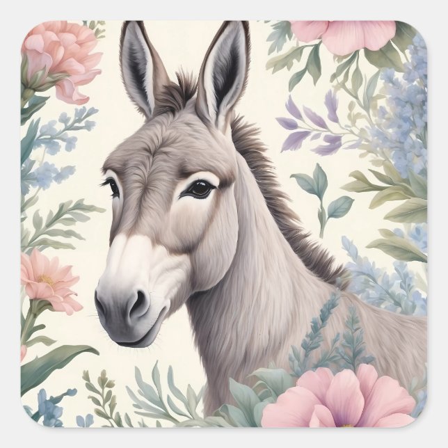 Sticker Carré Charmante Donkey Pastel Fleurs Ferme Animal (Devant)