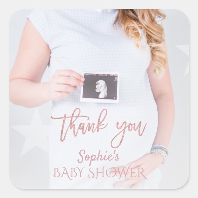 Sticker Carré Charme Baby shower photo Rose Merci or  (Devant)